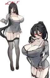  absurdres black_hair blue_archive bra bra_peek breasts collarbone covered_navel dongtan_dress full_body geonjeonji halo hasumi_(blue_archive) highres large_breasts lingerie long_hair long_sleeves meme_attire ponytail red_eyes red_halo simple_background thighhighs underwear very_long_hair white_background  rating:Sensitive score:31 user:danbooru