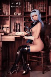  1girl black_legwear blue_hair breasts chair chinese cosplay desk eula_(genshin_impact)_(cosplay) genshin_impact high_heels highres looking_at_viewer medium_breasts nipples nude photo_(medium) sideboob sitting sleeppylee1 wig 