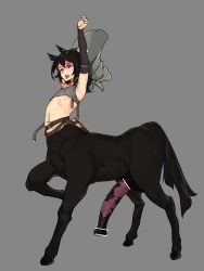  1boy absurdres animal_ears animal_penis bar_censor bare_shoulders belt black_hair book censored centaur crop_top detached_sleeves ear_piercing eyebrow_piercing grey_background hair_between_eyes hat highres hooves horse_penis horse_tail huge_penis jewelry lip_piercing looking_at_viewer male_focus medium_hair midriff monster_boy navel navel_piercing open_mouth original penis piercing purple_eyes simple_background solo stretching tail taur testicles todding witch_hat  rating:Explicit score:145 user:HoneyBunni