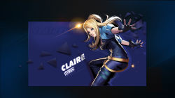  1girl belt blonde_hair blue_eyes breasts character_name claire_fox cropped_jacket denim fingerless_gloves gloves jeans large_breasts lips long_hair multiple_belts official_art official_wallpaper pants ponytail shirt solo taut_clothes taut_shirt tencent_qq wallpaper xuan_dou_zhi_wang 