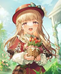  1girl artist_name bangs basket day flower hair_ornament hairpin hat highres holding holding_basket indie_virtual_youtuber kikugetsu light_brown_hair long_hair long_sleeves looking_at_viewer open_mouth outdoors own_hands_together red_eyes red_headwear solo tomoe_asahi upper_body virtual_youtuber 