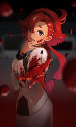 1girl :d absurdres blood blood_on_clothes blood_on_face blood_on_hands blood_splatter blue_eyes floating_hair from_side gundam gundam_suisei_no_majo hair_between_eyes hairband highres jacket looking_at_viewer low_ponytail open_mouth red_hair red_hairband sasasa_r_23 shorts smile solo spoilers suletta_mercury uniform white_jacket white_shorts  rating:Sensitive score:8 user:danbooru