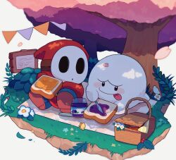  boo_(mario) bread checkered_blanket closed_mouth food highres holding holding_food holding_knife jam knife looking_at_another mario_(series) mask mofupoyo nintendo no_humans picnic_basket picnic_blanket shy_guy sign sitting tongue tongue_out tree 