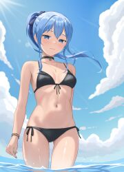  1girl absurdres bikini black_bikini black_choker blue_eyes blue_hair blue_sky breasts choker closed_mouth cloud cowboy_shot day diptip floating_hair front-tie_bikini_top front-tie_top gluteal_fold hair_ribbon highres hololive hoshimachi_suisei jewelry long_hair looking_at_viewer navel necklace outdoors ponytail revision ribbon side-tie_bikini_bottom sky small_breasts solo star_(symbol) star_in_eye stomach string_bikini sunlight swimsuit symbol_in_eye virtual_youtuber wading water wet 