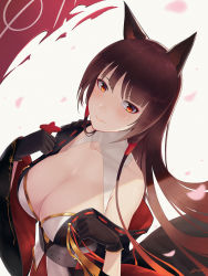  1girl akagi_(azur_lane) alexiel_(pixiv6211566) animal_ears azur_lane blush breasts brown_hair cleavage commentary_request dated fox_ears fox_girl fox_tail gloves highres holding japanese_clothes large_breasts long_hair looking_at_viewer multiple_tails parted_lips red_eyes revision signature smile solo tail upper_body wide_sleeves  rating:Sensitive score:20 user:danbooru