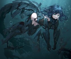  1girl barcode barcode_tattoo blood commentary_request copyright_request floating_hair full_body green_eyes highres looking_at_viewer mask mecha_musume mechanical_tail scuba scuba_tank solo tail tattoo tom-neko_(zamudo_akiyuki) tube underwater weapon  rating:Sensitive score:20 user:danbooru