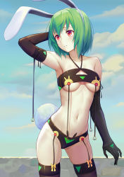 1girl absurdres animal_ears armpits bandeau bare_shoulders bikini black_bikini black_gloves black_thighhighs blue_sky blush breasts closed_mouth cloud cloudy_sky collarbone commentary_request day elbow_gloves garter_straps gloves green_hair hair_between_eyes halterneck highres looking_to_the_side medium_breasts navel original outdoors pink_eyes rabbit_ears rabbit_tail revision short_hair sidelocks skindentation sky solo sonikey0_0 swimsuit tail tareme thighhighs thighs underboob rating:Sensitive score:17 user:danbooru