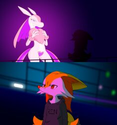 1girl 1other absurdres animal_ear_fluff animal_ears animal_nose arms_at_sides artist_name bags_under_eyes bandaid bandaid_on_face bandaid_on_nose black_sweater blade_runner_2049 blurry blurry_background body_fur braixen bright_pupils closed_mouth clothes_writing cowboy_shot creatures_(company) crossover derivative_work ears_down fox_ears furry furry_female game_freak gen_6_pokemon glowing goslingposting_(meme) half-closed_eyes hands_on_own_chest hands_up heart_maebari highres hood hood_down hooded_sweater long_hair long_sleeves lovander maebari multiple_views neck_fur nintendo palworld pink_eyes pink_fur pink_hair pokemon pokemon_(creature) railing red_eyes ren_braixen screenshot_redraw signature snout standing sweater two-tone_fur upper_body white_fur white_pupils yellow_fur