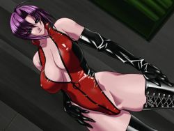 1girl aoyama_minako bare_shoulders bdsm boots breasts cleavage covered_erect_nipples cross-laced_footwear dominatrix elbow_gloves escalation_hardcore game_cg gloves hand_on_leg hand_on_own_hip highleg highleg_leotard huge_breasts inoue_takuya jpeg_artifacts lace-up_boots latex latex_boots leotard purple_hair red_leotard short_hair skin_tight solo standing thigh_boots thighhighs thong_leotard unzipped rating:Questionable score:82 user:danbooru