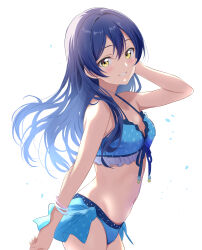  1girl absurdres bikini blue_bikini blue_hair borgbutler breasts cleavage commentary_request cowboy_shot frilled_bikini frills from_side front-tie_bikini_top front-tie_top groin halterneck hand_in_own_hair highres long_hair looking_at_viewer love_live! love_live!_school_idol_project navel parted_lips partial_commentary polka_dot polka_dot_bikini simple_background small_breasts smile solo sonoda_umi standing swept_bangs swimsuit white_background wind yellow_eyes 
