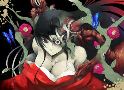 1girl bare_shoulders black_hair breasts bug butterfly cleavage eyeball flower freak_girl bug japanese_clothes kimono large_breasts red_eyes solo sts surreal teeth what rating:Sensitive score:13 user:danbooru