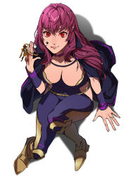 1girl black_bodysuit black_cape bodysuit boots breasts cape charm_(object) choker cleavage cleavage_cutout clothing_cutout commentary_request fire_emblem fire_emblem_engage hair_ornament highres holding holding_charm jewelry key large_breasts lips long_hair looking_at_viewer looking_up nintendo pink_choker pink_lips red_eyes red_hair ring shadow simple_background sitting solo star_(symbol) tongue tongue_out tsuko_(25mnts) wavy_hair white_background yellow_footwear yunaka_(fire_emblem) 