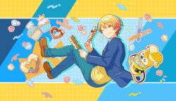 1boy artist_request blazer blue_background blue_pants brown_footwear bucket churro closed_mouth collared_shirt cream crown cupcake drop_shadow food food_on_face from_side full_body grid_background hair_between_eyes hat heart highres holding holding_food jacket jester_cap kamiyama_high_school_uniform_(project_sekai) lapels long_sleeves looking_at_viewer looking_to_the_side male_focus multicolored_background notched_lapels notice_lines one_eye_closed open_clothes open_jacket orange_eyes orange_hair pants pocket popcorn print_headwear project_sekai school_uniform shirt shoes short_hair skewer smile solo striped_background sweater tenma_tsukasa third-party_source white_shirt yellow_background yellow_hat yellow_sweater 