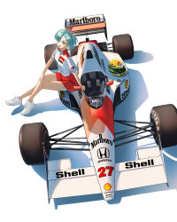  1girl absurdres aqua_eyes aqua_hair arm_support bulma car collared_shirt crossed_legs dragon_ball dragonball_z formula_one formula_racer from_above goodyear hand_on_own_knee haow helmet highres honda light_blush looking_at_viewer marlboro mclaren_mp4/5 motor_vehicle open_mouth race_vehicle racecar red_shorts shadow shell_(company) shirt shoes short_hair short_sleeves shorts side-view_mirror simple_background sitting smile sneakers solo spoiler_(automobile) steering_wheel tag_heuer vehicle_focus white_background white_footwear white_shirt 