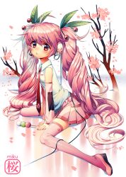  1girl bare_shoulders breasts cable cherry_blossom_print cherry_blossoms collared_shirt commentary dango detached_sleeves english_commentary floral_print flower food full_body hair_ornament hair_spread_out hands_on_ground hatsune_miku headpiece high_heels holly_hair_ornament light_blush long_hair long_sleeves looking_at_viewer miniskirt necktie parted_lips petals pink_eyes pink_flower pink_footwear pink_hair pink_skirt pink_sleeves pink_theme pleated_skirt pocket pumps red_necktie reflective_floor sakura_miku sanshoku_dango satchely shirt simple_background sitting skirt sleeveless sleeveless_shirt small_breasts solo tree very_long_hair vocaloid wagashi wariza white_background white_headphones white_shirt 