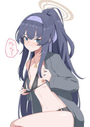  1girl bikini bikini_top_pull black_bikini black_hair blue_archive blue_eyes blush breasts cardigan commentary_request grey_cardigan hairband halo head-mounted_display high_ponytail jewelry long_sleeves looking_at_viewer navel necklace nipples official_alternate_costume open_cardigan open_clothes purple_hairband rokudoo simple_background small_breasts solo speech_bubble swimsuit ui_(blue_archive) ui_(swimsuit)_(blue_archive) white_background  rating:Questionable score:26 user:danbooru