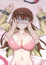  admiral_(kancolle) ball_gag bdsm blush bondage bound bound_wrists bow bow_bra bra breasts brown_eyes brown_hair censored collarbone constricted_pupils dildo disembodied_limb gag hands_on_another&#039;s_face jack_dempa kagitsume kantai_collection large_breasts long_hair long_sleeves looking_at_viewer lying mosaic_censoring navel nose_blush on_back ooi_(kancolle) open_clothes open_shirt panties pink_bra pink_panties pov remote_control_vibrator scared sex_toy shirt solo_focus sweat tears underwear upper_body vibrator wiffle_gag  rating:Questionable score:59 user:danbooru
