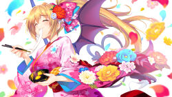  1girl ^_^ blue_flower blush bow bowl breasts bucchake_(asami) chopsticks closed_eyes closed_mouth commentary_request demon_girl demon_tail demon_wings falling_petals fang floral_print_bow floral_print_kimono flower food furisode hair_bow hair_flower hair_ornament heart heart_tail highres holding holding_bowl holding_chopsticks holding_with_chopsticks japanese_clothes kimono large_breasts long_hair long_sleeves mako_(bucchake_(asami)) mochi mochi_trail original petals pink_kimono red_flower sakuramon solo tail upper_body very_long_hair white_background wide_sleeves wings yellow_flower 