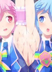 1boy 1girl armpits arms_up bad_anatomy blue_hair blush dorothy_west grin reona_west pink_hair pretty_series pripara rei_oe short_hair siblings smile stain sweat sweat_stain trap twins rating:Questionable score:47 user:sakuri