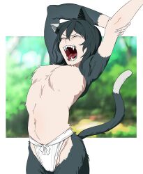  1girl animal_ears arms_up black_fur black_hair body_fur cameltoe cat_ears cat_girl cat_tail closed_eyes dungeon_meshi fangs fundoshi highres hikentai0112 izutsumi japanese_clothes open_mouth short_hair solo stretching tail tongue tongue_out topless two-tone_fur yawning  rating:Sensitive score:19 user:danbooru