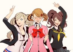  3girls alternate_hairstyle anger_vein arm_up black_jacket black_sailor_collar blonde_hair blue_eyes blush bow bowtie breasts brown_hair cardigan choker cleavage closed_eyes closed_mouth collarbone collared_shirt commentary earrings eightyfourart embarrassed english_commentary facing_viewer gekkoukan_high_school_uniform hair_ornament hairclip heart heart_choker highres holding_another&#039;s_arm hood hood_down hoodie in-franchise_crossover jacket jewelry kujikawa_rise light_brown_hair long_hair long_sleeves looking_at_another loose_bowtie medium_breasts multiple_girls neckerchief one_eye_closed open_clothes open_jacket open_mouth parted_lips pearl_earrings persona persona_3 persona_4 persona_5 pink_cardigan pink_lips pleated_skirt red_bow red_bowtie ribbed_cardigan sailor_collar school_uniform shirt short_hair shuujin_academy_school_uniform simple_background skirt stud_earrings sweatdrop swept_bangs takamaki_anne takeba_yukari tarot teeth the_lovers_(tarot) tongue tongue_out trait_connection turtleneck twintails upper_body upper_teeth_only v white_choker white_hoodie white_shirt yasogami_school_uniform yellow_neckerchief 