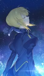  1girl ahoge arms_at_sides artoria_pendragon_(all) artoria_pendragon_(fate) blonde_hair blue_dress blue_ribbon blurry braid braided_bun closed_eyes closed_mouth cowboy_shot depth_of_field dress fate/stay_night fate_(series) from_side gold_trim hair_bun hair_ribbon highres juliet_sleeves lens_flare long_sleeves night night_sky nozawa_noko outdoors profile puffy_sleeves ribbon saber_(fate) sky solo star_(sky) wind 