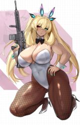  1girl abs absurdres animal_ears bare_shoulders barghest_(fate) biceps blonde_hair blush breasts brown_pantyhose cleavage covered_navel detached_collar fake_animal_ears fate/grand_order fate_(series) green_eyes gun heterochromia highleg highleg_leotard highres large_breasts leotard long_hair looking_at_viewer muscular muscular_female pantyhose playboy_bunny rabbit_ears raskasar red_eyes solo thick_thighs thighs twintails weapon white_leotard wrist_cuffs 
