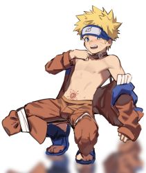 1boy bare_pectorals bare_shoulders blonde_hair blue_eyes child collar facial_mark looking_at_viewer male_focus naruto naruto_(series) navel pectorals removing_jacket sandals simple_background solo solo_focus sora_(zwz030) tattoo teeth uzumaki_naruto white_background  rating:Sensitive score:55 user:danbooru