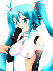 1girl aqua_eyes aqua_hair bad_id bad_pixiv_id blush breast_poke breasts elbow_gloves gloves grabbing grabbing_another&#039;s_breast hatsune_miku long_hair orebelt poking race_queen racing_miku simple_background solo_focus twintails upper_body very_long_hair vocaloid white_background rating:Questionable score:19 user:danbooru