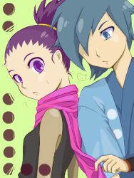  ... 1boy 1girl ? blue_eyes blue_hair creatures_(company) falkner_(pokemon) game_freak green_background hair_over_one_eye holding holding_clothes holding_scarf janine_(pokemon) looking_at_another looking_back nintendo pokemon pokemon_hgss purple_eyes purple_hair purple_scarf scarf sweat upper_body yuh_(250663) 