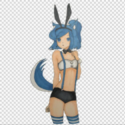  1boy androgynous black_bow black_pants blue_eyes blue_hair blue_tail bow bowtie checkered_background crossdressing detached_collar dog_tail gem_femboy leotard original pants playboy_bunny rabbit_ears short_hair short_shorts shorts striped_clothes striped_thighhighs suspenders tail thighhighs thighs wrist_cuffs  rating:Explicit score:3 user:Gem_femboy