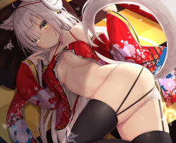  1girl animal_ears closed_mouth female_focus fox_ears fox_girl fox_mask fox_tail hair_between_eyes hair_over_one_eye light lying mask nail_polish slit_pupils solo tail thighhighs white_hair yellow_eyes  rating:Questionable score:6 user:yeoc2