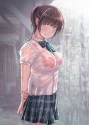  1girl arms_behind_back blurry blurry_background bow bra breasts brown_hair green_eyes large_breasts looking_at_viewer original pink_bra pleated_skirt profile rain ryunnu school_uniform see-through shirt short_hair short_ponytail skirt smile solo underwear wet wet_clothes white_shirt 