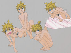 1boy blonde_hair blue_eyes covering_privates embarrassed flaccid from_side full_body highres kagamine_len male_focus multiple_views negi_(pixiv_10692647) nude penis shota simple_background small_penis squatting testicles vocaloid rating:Explicit score:45 user:harucho