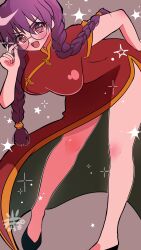  1girl absurdres adjusting_glasses braid breasts chinese_clothes freckles hand_on_own_hip hanging_breasts highres large_breasts leaning_forward legs long_hair looking_at_viewer open_mouth pink_eyes purple_hair ri_kouran sakura_taisen sega shoes smile solo thighs twin_braids 