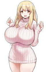  1girl 774_(nanashi) blonde_hair breasts character_request curvy gigantic_breasts highres huge_breasts long_hair looking_at_viewer open_mouth simple_background smile solo sweater wide_hips yellow_eyes  rating:Sensitive score:94 user:DragonVSGoblin