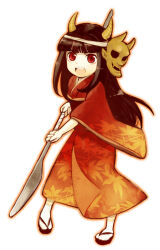 1girl demon_horns hinomoto_oniko holding holding_weapon horns japanese_clothes kimono leaf_print long_hair mask mask_on_head oni_horns open_mouth original personification red_eyes red_kimono sandals shio_(orange_lounge) simple_background socks solo weapon white_background white_socks zouri
