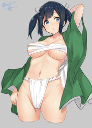 10s 1girl :o arm_behind_head arm_up black_hair blue_eyes blush breasts budget_sarashi cleavage collarbone cropped_legs fundoshi grey_background groin hair_ribbon isshiki_(ffmania7) japanese_clothes kantai_collection kimono long_sleeves looking_at_viewer midriff navel open_clothes open_kimono parted_lips ribbon sarashi short_hair sidelocks simple_background solo souryuu_(kancolle) standing stomach twintails twitter_username two_side_up underboob wide_sleeves rating:Questionable score:20 user:danbooru