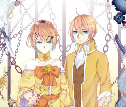 1boy 1girl absurdres ahoge aku_no_meshitsukai_(vocaloid) aku_no_musume_(vocaloid) allen_avadonia blonde_hair blue_eyes bracelet brother_and_sister chain dress earrings evillious_nendaiki flower gradient_hair hair_flower hair_ornament hair_ribbon hairpin highres jacket jewelry kagamine_len kagamine_rin katana knife long_sleeves looking_at_viewer message_in_a_bottle mirror multicolored_hair nail_polish popped_collar re_birthday_(vocaloid) regret_message_(vocaloid) ribbon riliane_lucifen_d&#039;autriche rose short_hair siblings smile sword twins vest vocaloid weapon yellow_nails yellow_rose rating:Sensitive score:0 user:danbooru