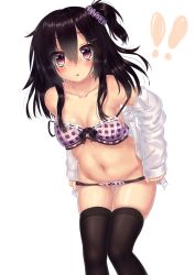  1girl :o armpits bad_id bad_nicoseiga_id bare_shoulders black_hair black_thighhighs blush bra breasts buttons checkered_bra checkered_clothes chestnut_mouth cleavage collarbone gluteal_fold groin hair_between_eyes highres long_sleeves looking_at_viewer midriff navel off_shoulder original panties parted_lips plaid plaid_panties scrunchie shirt short_ponytail side_ponytail skindentation solo standing stomach strap_slip thigh_gap thighhighs thighs transparent_background unbuttoned underwear undressing wataru_(zazazazazazawa) white_shirt 