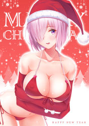1girl absurdres alternate_costume arms_under_breasts bare_shoulders bent_over bikini blush breast_hold breasts christmas cleavage collarbone commentary_request covered_erect_nipples cowboy_shot crossed_arms elbow_gloves english_text fate/grand_order fate_(series) front-tie_bikini_top front-tie_top fur_trim gloves gradient_background hair_over_one_eye happy_new_year hat heart highres large_breasts leaning_forward licking_lips looking_at_viewer ltt_challenger mash_kyrielight mixed-language_commentary navel new_year open_mouth parted_lips pink_hair red_bikini red_gloves red_hat red_ribbon revision ribbon round_teeth santa_bikini santa_hat shiny_skin short_hair side-tie_bikini_bottom smile snowflakes snowing solo standing stomach strap_gap swimsuit tareme teeth tongue tongue_out upper_teeth_only