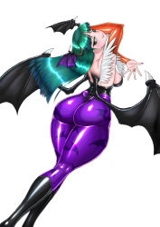  1girl ass back backless_outfit blush boots breasts capcom curvy demon_girl fingernails from_behind green_eyes green_hair head_wings highres huge_ass large_breasts leotard long_hair looking_at_viewer looking_back matching_hair/eyes morrigan_aensland nail_polish pantyhose shiny_clothes shiny_skin smile solo soramin thick_thighs thighs thong thong_leotard vampire_(game) wide_hips wings  rating:Questionable score:30 user:armorcrystal