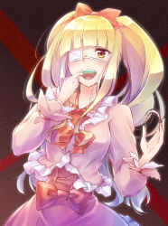 1girl blonde_hair blunt_bangs blush bow brown_eyes character_request copyright_request dress eyepatch finger_in_own_mouth hair_bow hand_up highres long_sleeves looking_at_viewer nyaa_(nnekoron) open_mouth pink_dress puffy_sleeves red_bow simple_background solo standing twintails rating:Sensitive score:3 user:danbooru