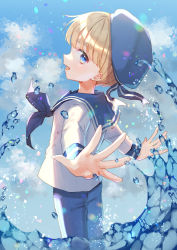  1boy axis_powers_hetalia beret blonde_hair blue_eyes blue_neckerchief caustics child hat hatake_hukuro highres light looking_at_viewer looking_back male_focus neckerchief open_mouth outstretched_arms sealand_(hetalia) smile solo water waves 