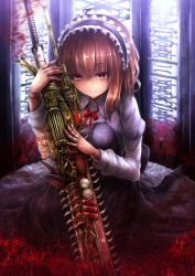  1girl chainsaw doll_joints flower gothic_lolita hairband joints kakigouri lolita_fashion lolita_hairband original puppet red_eyes short_hair smile solo spider_lily weapon  rating:Sensitive score:9 user:danbooru