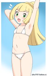 1girl absurdres arm_above_head arm_behind_head armpits arms_up artist_name bikini blonde_hair blue_background blush collarbone creatures_(company) dot_nose eyebrows eyelashes fanbox_username feet_out_of_frame female_focus flat_chest game_freak green_eyes highres legs_together lillie_(pokemon) loli long_hair looking_at_viewer navel nintendo official_alternate_hairstyle open_mouth pokemon pokemon_sm ponytail simple_background solo standing surprised swimsuit white_bikini yiku1707 rating:Questionable score:46 user:Only_Kemonomimi