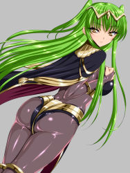  1girl ass bad_id bad_pixiv_id blush bodysuit breasts bridal_gauntlets c.c. cape code_geass cosplay dark_mage_(fire_emblem_awakening) female_focus fire_emblem fire_emblem_awakening green_hair highres huge_ass jewelry large_breasts long_hair lots_of_jewelry nintendo see-through sen_(sansui) simple_background solo tharja_(cosplay) tharja_(fire_emblem) twintails two_side_up yellow_eyes  rating:Questionable score:111 user:danbooru