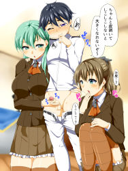  10s 1boy 2girls admiral_(kancolle) aqua_eyes aqua_hair ascot belt black_hair blouse blush breasts briefs brown_hair brown_legwear censored chestnut_mouth clothes_pull collared_shirt embarrassed erection girl_sandwich gradient_background green_hair hair_ornament hairclip hand_on_own_knee hand_to_own_mouth handjob hetero kantai_collection kneeling kumano_(kancolle) large_breasts little_boy_admiral_(kancolle) long_hair long_sleeves male_underwear military military_uniform miniskirt mosaic_censoring multiple_girls neckerchief one_eye_closed open_belt open_fly panties pants pants_pull panty_pull penis ponytail precum ron-bb69 sandwiched school_uniform shirt short_hair shota skirt small_penis squatting standing suzuya_(kancolle) teenage_girl_and_younger_boy testicles thighhighs translated tsubuki_(ron-bb69) underwear uniform zettai_ryouiki  rating:Explicit score:50 user:TeacherCarla