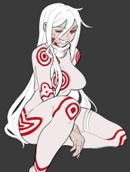  1girl absurdres black_background blood blood_on_face bodysuit breasts deadman_wonderland grin hair_between_eyes highres large_breasts long_hair looking_at_viewer nail_polish pink_nails porqueloin red_eyes shiro_(deadman_wonderland) simple_background sitting smile solo teeth white_hair 