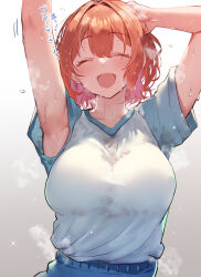  1girl ^_^ arito_arayuru armpits arms_up breasts closed_eyes commentary_request facing_viewer gakuen_idolmaster hanami_ume highres idolmaster large_breasts orange_hair presenting_armpit raglan_sleeves short_sleeves solo sweat sweaty_clothes translation_request upper_body 
